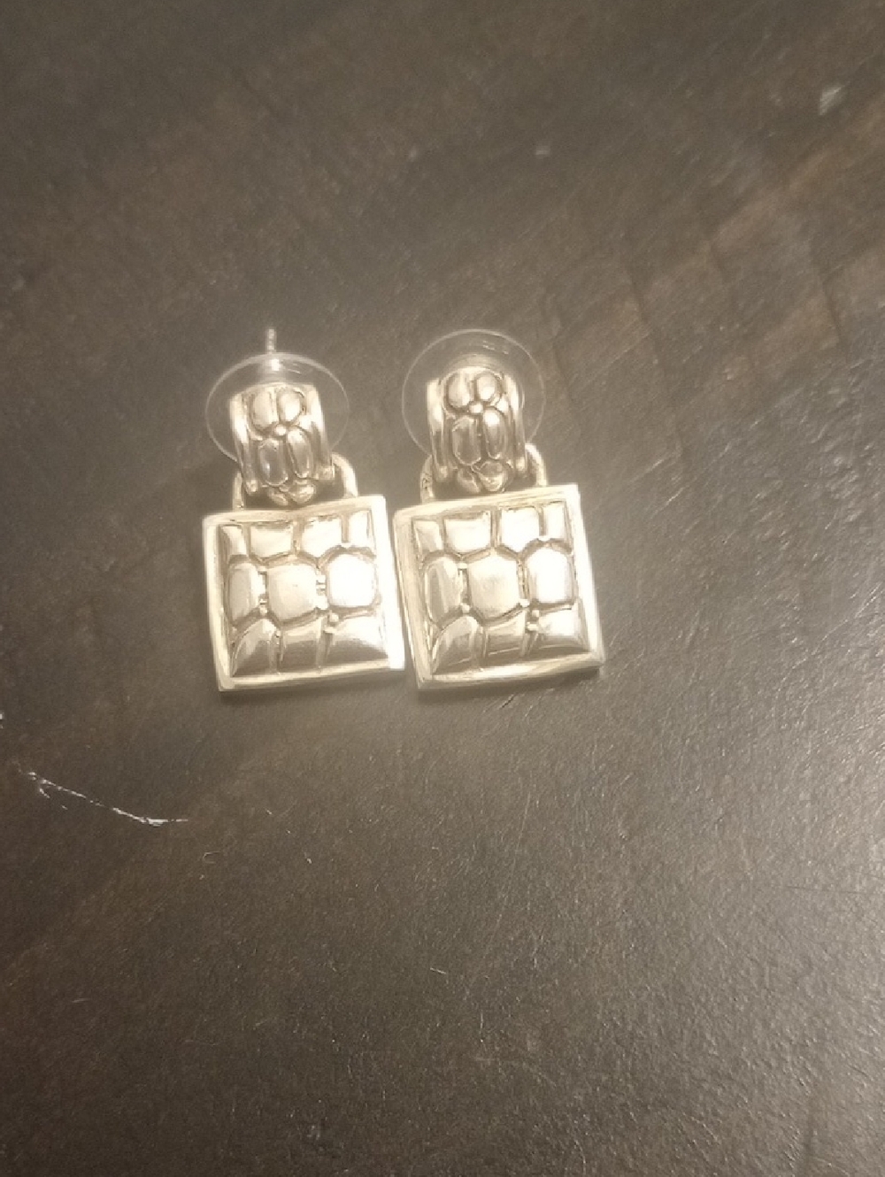Sterling Silver Textured Square Drop Earrings - Silver